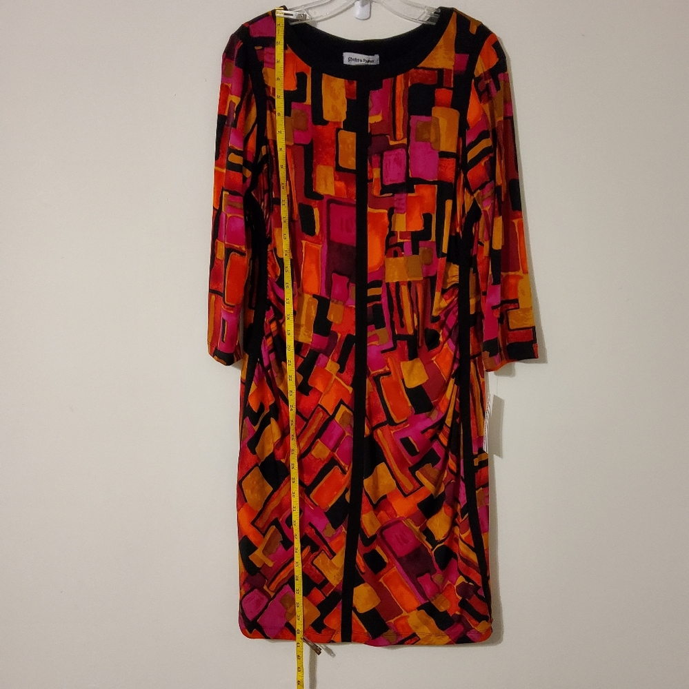 Shelby & Palmer Stretch Multicolors 3/4 Sleeves Ruched Shift Dress Sz 16 - Picture 2 of 4